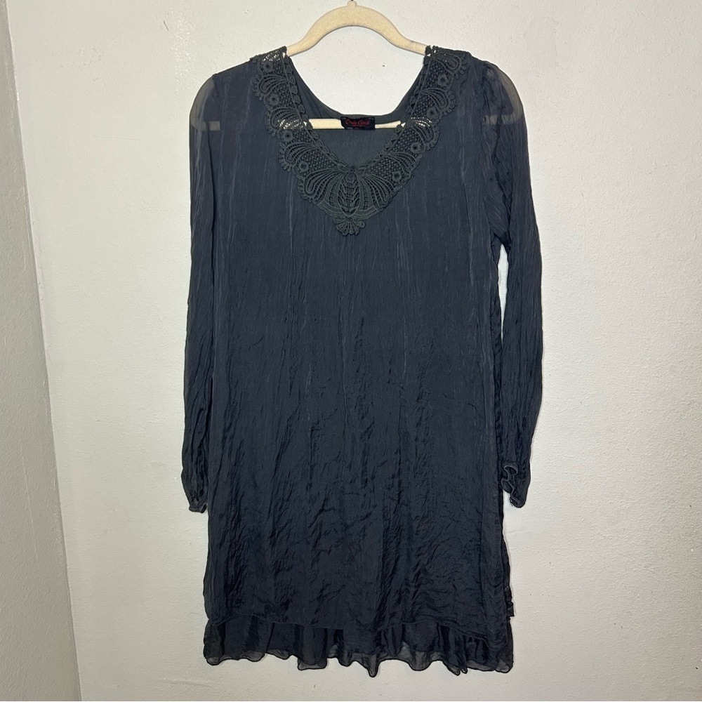 Carla Conti Gray Silk Ruffled Tiered Long Sleeve Dress Medium